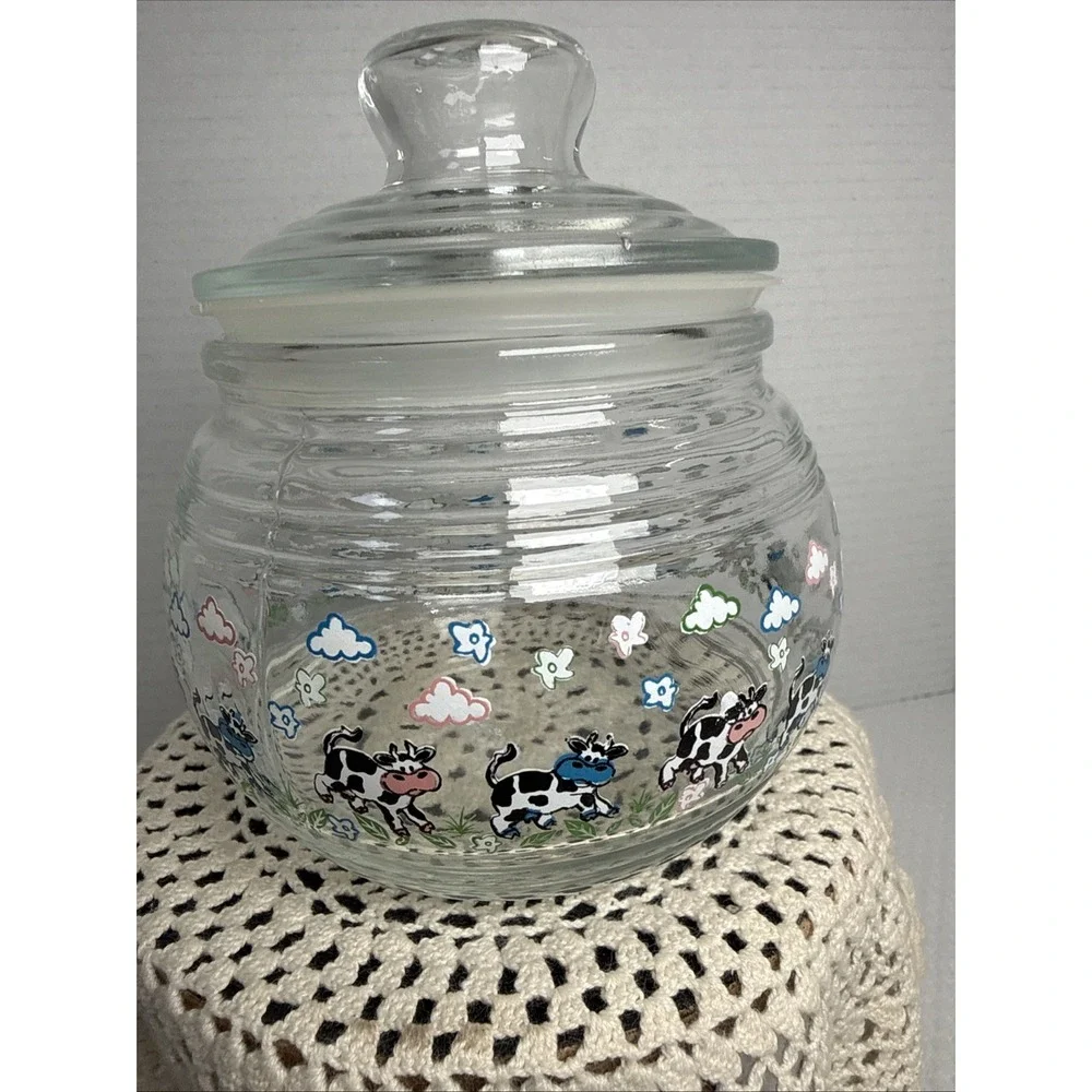 KIG Indonesia Vintage Glass Candy Jar Cannister Apothecary Lid Happy Cows. 5X5